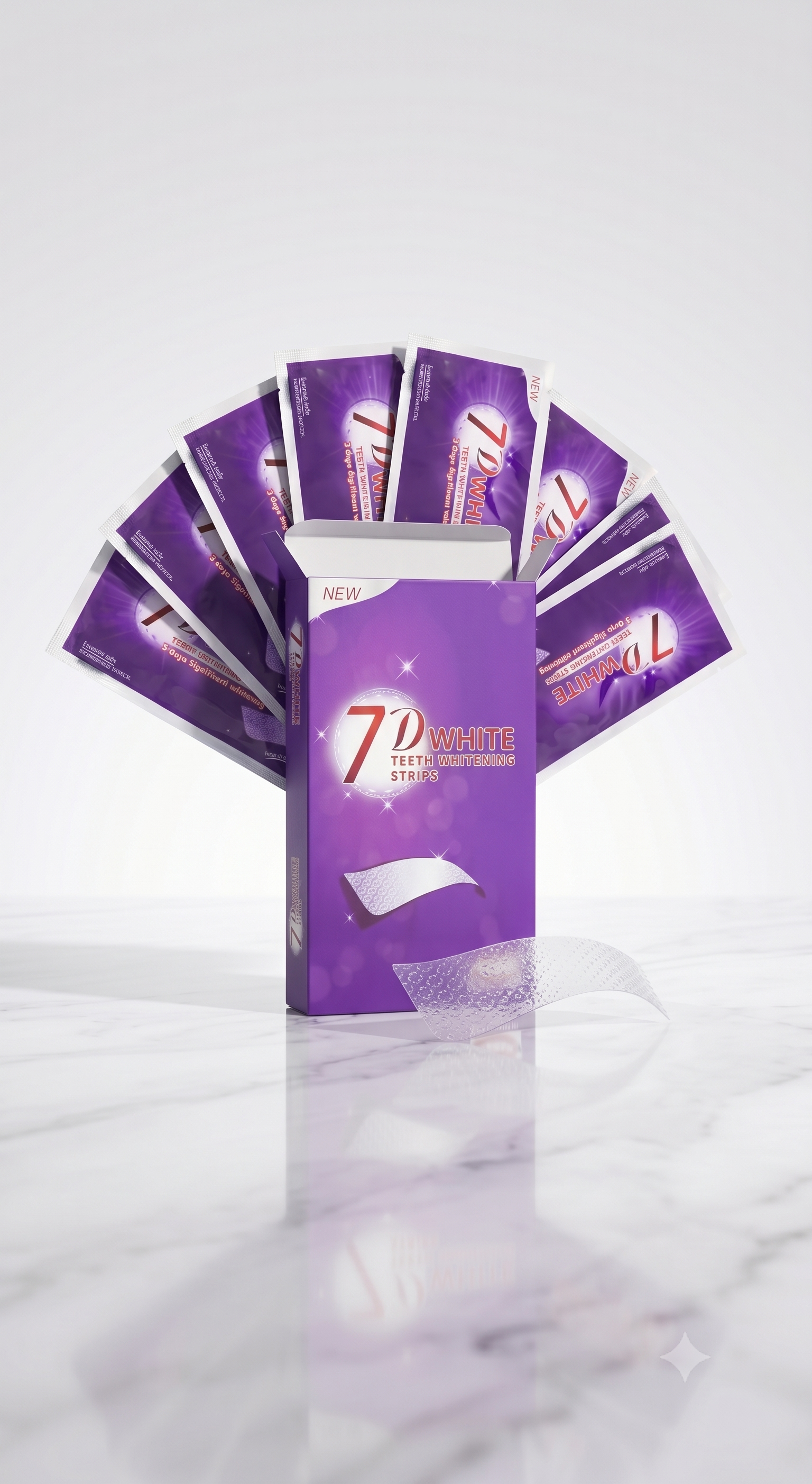 Bandes blanchissantes violettes Oralys 7D White pour un blanchiment dentaire intensif, soin dentaire efficace et facile à utiliser.