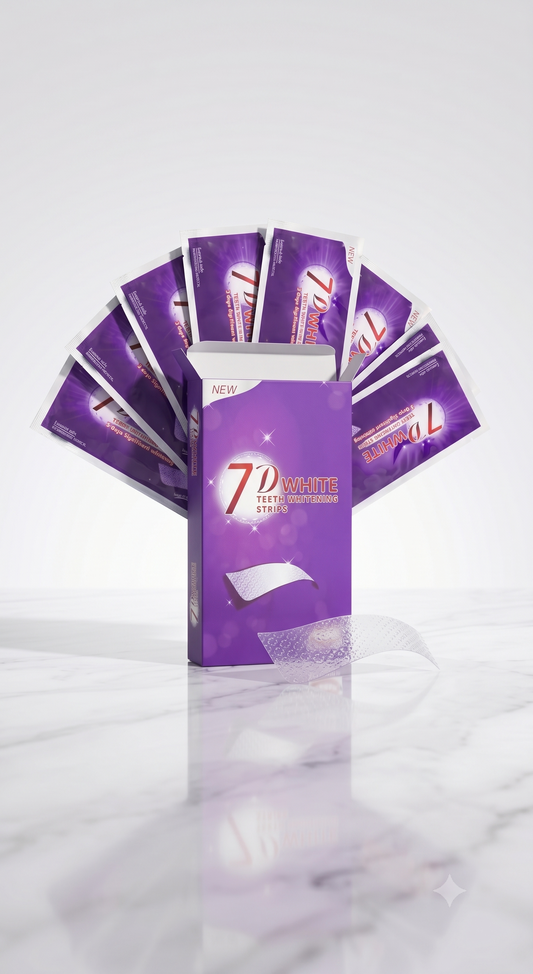 Bandes blanchissantes violettes Oralys 7D White pour un blanchiment dentaire intensif, soin dentaire efficace et facile à utiliser.