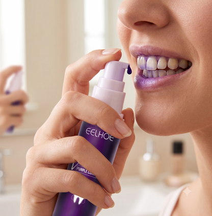 Sérum dentaire violet V34 d'ORALYS pour dents blanches en 1 minute, flacon avec applicateur, soin dentaire efficace