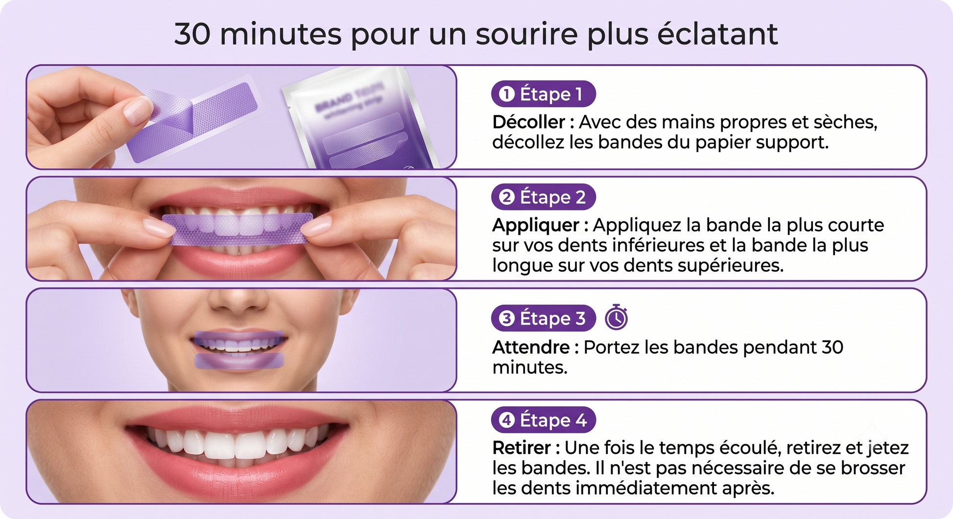 Bandes blanchissantes violettes Oralys 7D White, soin dentaire pour un blanchiment intensif des dents, visibles en image.
