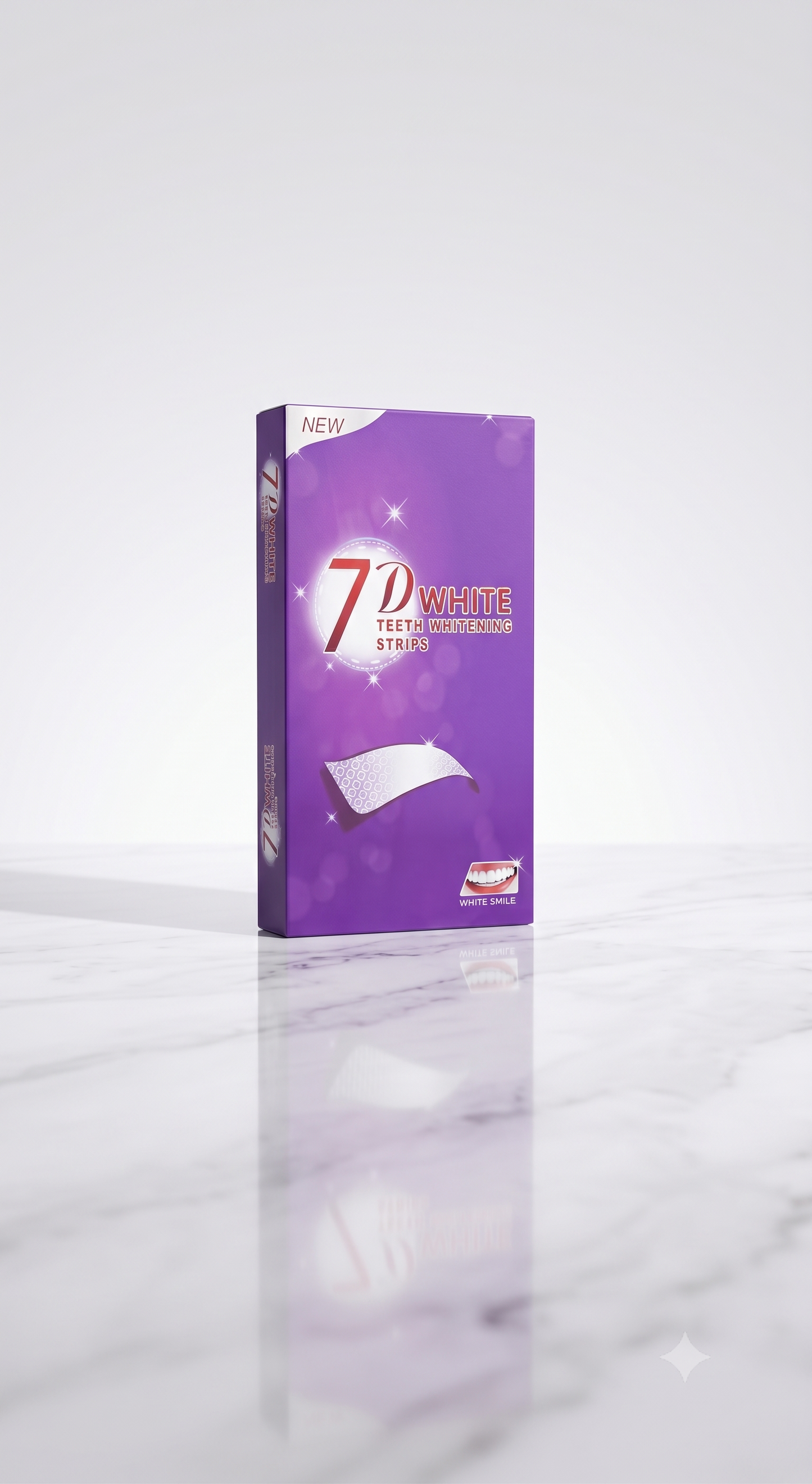 Bandes blanchissantes violettes Oralys 7D White pour un blanchiment dentaire intensif, contenant un soin dentaire efficace.