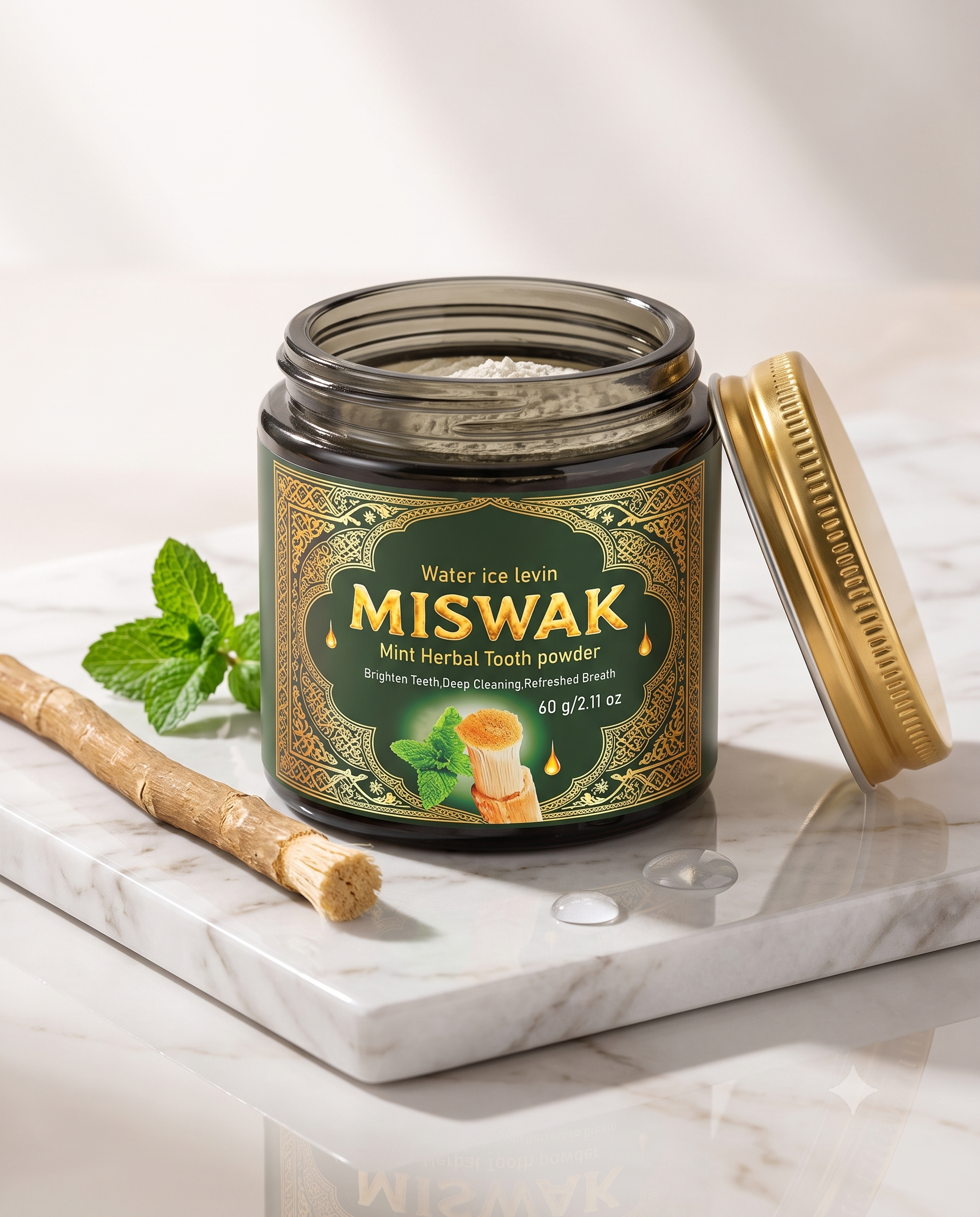 Poudre dentifrice Miswak de la marque Oralys, soin dentaire naturel pour nettoyer et rafraîchir la bouche.