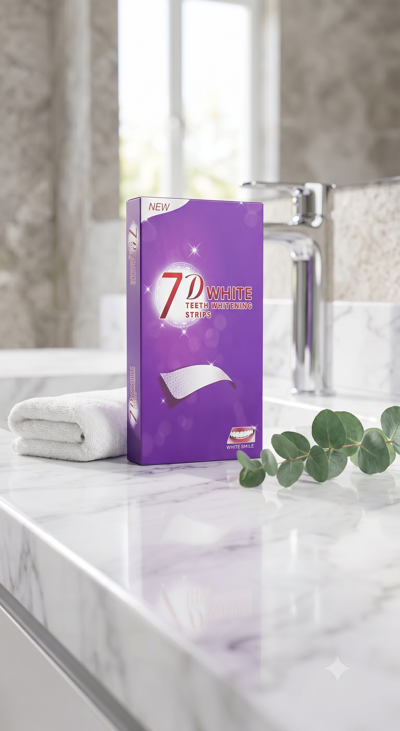 Bandes blanchissantes violettes Oralys 7D White, soin dentaire pour un blanchiment intensif des dents, image d’un emballage.