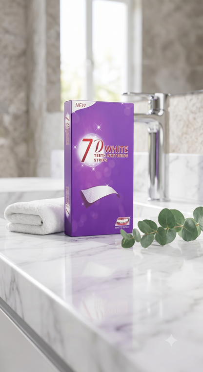 Bandes blanchissantes violettes Oralys 7D White, soin dentaire pour un blanchiment intensif des dents, image d’un emballage.
