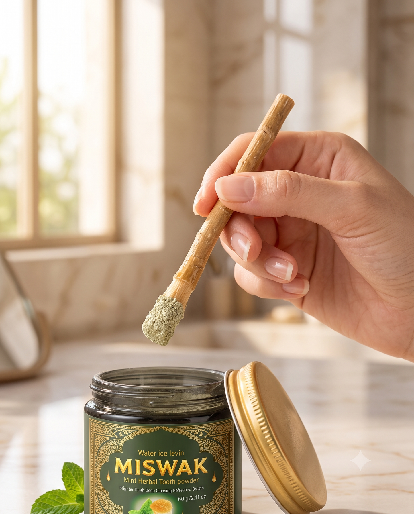 Poudre dentifrice Miswak Oralys dans un récipient, soin dentaire naturel à base de Miswak, pour l'hygiène bucco-dentaire.