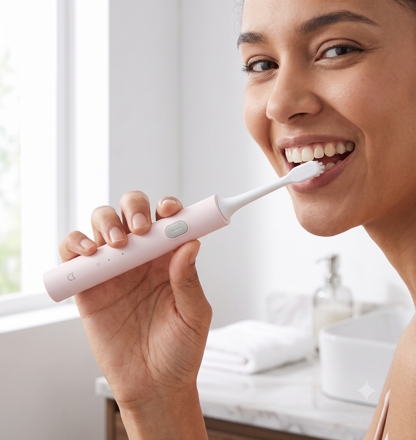 Brosse à dents électrique sonique Oralys avec design moderne, montrant la tête de brosse et les vibrations en action