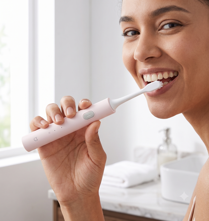Brosse à dents électrique sonique Oralys avec design moderne, montrant la tête de brosse et les vibrations en action