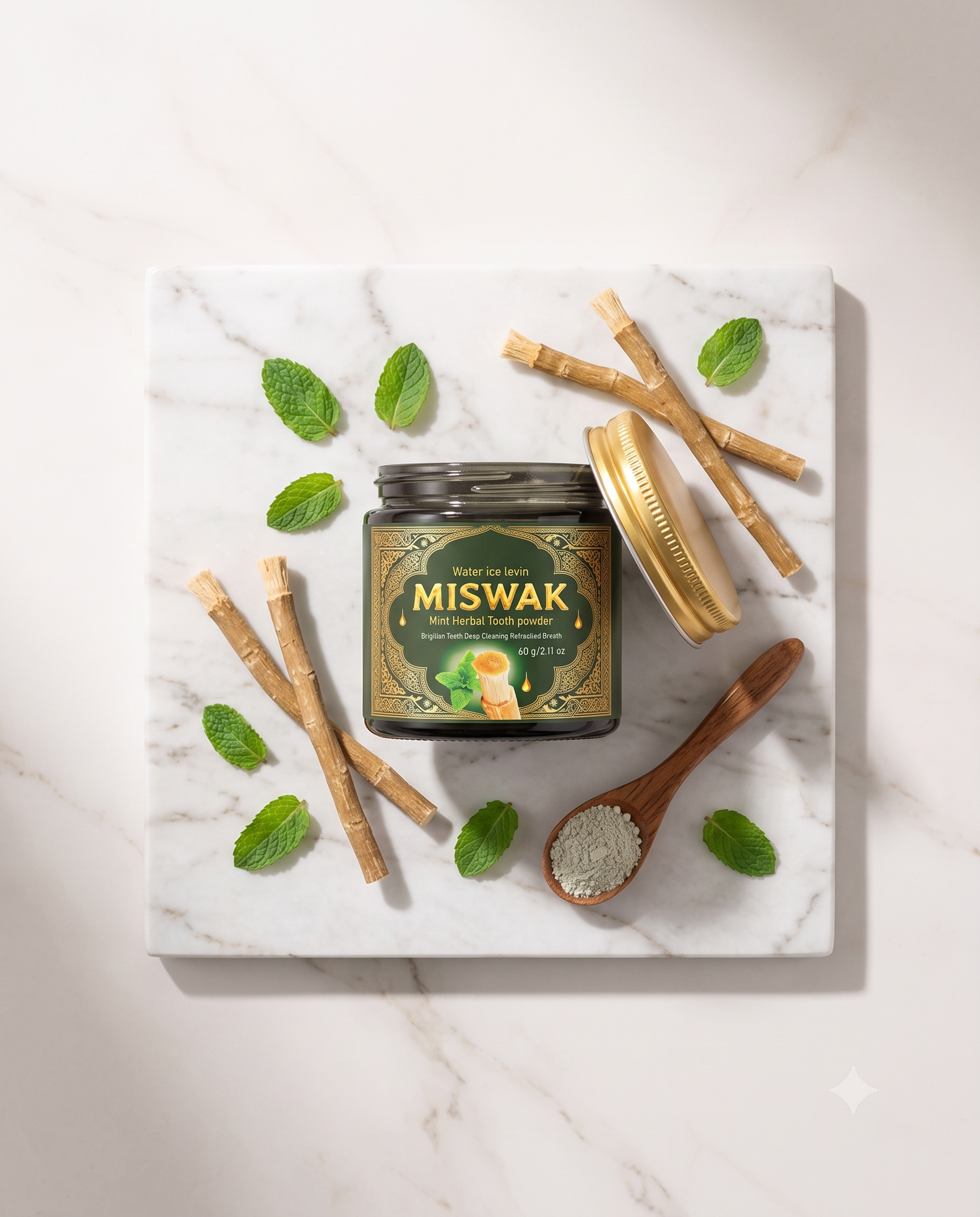 Poudre dentifrice Miswak Oralys pour soin dentaire, en pot blanc avec étiquette, visible en image.