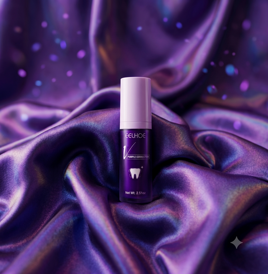 Sérum dentaire violet Oralys V34 pour dents blanches en 1 minute, flacon avec applicateur, visible en gros plan.